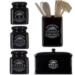 Black Ceramic Tea Sugar Coffee Bread Canisters Holder Wooden Utensils Included