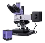 Magnification: 50-500X. Small Microscope Base, Trinocular Head, Planar-Achromatic Objectives For Bright-Field And Dark-Field Microscopic Observations, 50 W Halogen Reflected Light Illuminator