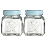 2pc 900ml Embossed Heart Glass Storage Jar Container Aqua Blue Lid Food Canister