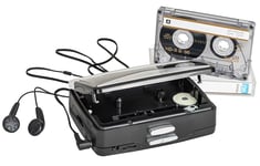 Reflexion WMR-01 Portable Cassette Player with Radio FM Radio, Auto Stop, Battery and Mains Operated Including Earphones and Belt Clip, Black/Silver