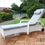 Chaise longue de jardin avec accoudoir et fonction d'inclinaison réglable en poly rotin, absolument résistante aux intempéries, avec coussin gris et