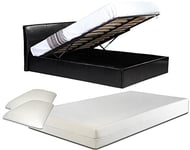 Direct Furniture Suppliers Luna Siesta 4ft6 Double Black Faux Leather Ottoman Storage Bed + 10" Thick Memory Foam Mattress + 2 Free Memory Foam Pillows