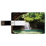 32G USB Flash Drives Credit Card Shape Waterfall Memory Stick Bank Card Style Waterfall Flowing to Lake Deep Down in the Forest Warm Paradise Photo,Green Brown White Waterproof Pen Thumb Lovely Jump D