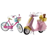 Barbie ESTATE Bike, Working Pedals and Wheels, Basket with Removable Pink Flowers, DVX55 & Mo-Ped with Puppy, Motorbike for Doll, Pink Scooter, Vehicle, Ages 3 Years+, FRP56