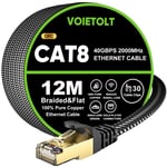 Cat 8 Câble Ethernet 12M, 40Gbps/2000Mhz Haut Débit S/FTP Cable Internet, Plat Tresse RJ45 Gigabit Cable LAN pour PS4/5, Ordinateur, Modem, PC, TV