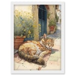 Cat Sunbathing in Mediterranean Village Street Watercolour Illustration Artwork Framed Wall Art Print A4