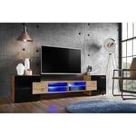 Meuble Banc TV Merano Version 2 Komodee - LED Bleues - Noir Brillant et Bois naturel - 230 x 53 x 35 cm