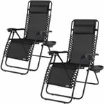 Casaria - Chaise longue de jardin inclinable Chaise pliable avec porte-gobelet appui-tête Fauteuil relax Transat jardin Set de 2 noir