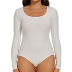 Joyshaper Bodysuits For Women Long Sleeve Crew Neck Body Suits Thong Leotard Top Elegant Ladies Blouses White/Crew Neck,S