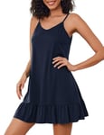 Weardear Nightgown for Women Short Ruffle Dress Elegant Nightdress Knee Length Sleepshirt Casual Dress Navy blue Small