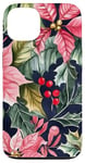 Coque pour iPhone 13 Poinsettias rouge vif avec houx et feuilles vert foncé