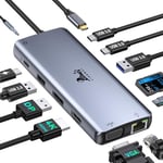 Station D'Accueil Usb C Pour 3 Moniteurs, Station D'Accueil 12 En 1 Usb C Vers 4K Displayport, 4 K, Hdmi, Vga, 5 Gbps Usb C/A Data, Rj45, Pd 3.0, Audio 3,5 Mm, Micro Sd & Micro Sd, Hub Usb C,