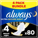 Always Ultra Sanitary Towels, Size 4, Secure Night, 80 Pads withWings(20X4Packs)