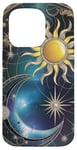 Coque pour iPhone 15 Pro Vitrail bleu doré céleste lune soleil esthétique