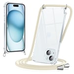 Yoedge Coque pour iPhone 15 avec Cordon 6,1", Transparente Coque Collier Réglable Téléphone Étui Portable Lanyard Housse, Etui avec PC + TPU Bumper Anti-Chute Protection Case, Beige