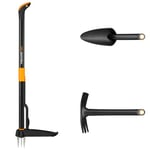 Fiskars Set d'outils de jardinage, 3 pièces, désherbeur Xact, acier inoxydable/plastique, déplantoir et serfouette Solid, plastique renforcé de fibres de verre, noir/orange, 1077307