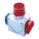 Adaptateur Industrielle Double Fiche : 3P + N + T 16 A CEE Rouge 400 V – IP44. Prise : – 1 x 2P + T 16 A Bleu IP44. 1 x 3P + T 16 A Rouge IP44.