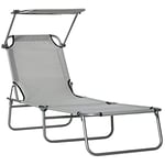 Outsunny Transat Bain de Soleil Pliable Chaise Longue Pliante Grand Confort Dossier Inclinable Multi-Positions et Pare-Soleil réglable Dim. 187L x 58l x 36H cm Gris Clair