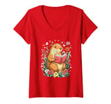 Womens Flowers Capybara Valentines Day Graphic Funny V-Neck T-Shirt