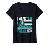 Womens I Wear Teal For My Mom Cervical Cancer Awareness US Flag V-Neck T-Shirt