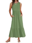 AUSELILY Robe Longue Femme Ete Robe sans Manches Robe de Plage Longue Legere Fluide Maxi Robe Taille Empire avec Poches Vert Olive XL