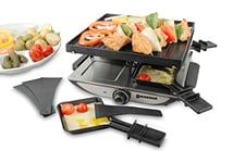 Swissmar Geneva 4 Person Party Raclette Grill, Indoor Non-Stick Reversible Grill Pan with Plates and Spatulas, Electric Heat Control, Indoor Cooker for Grilling and Melting Cheese