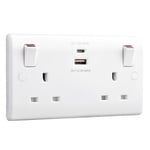 BG White Double Switched 2-Gang 13A Power Socket USB Charging Outlet Type A & C