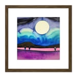 Modern Watercolour Night Harvest Moon Landscape Square Wooden Framed Wall Art Print Picture 8X8 Inch