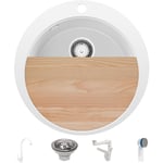 Evier cuisine Granit Rond Blanc 53x53cm, Evier 1 bac + Kit de Vidage + Robinet + planche à découper, Lavabo Cuisineau meuble 50cm - Pise Max Top de