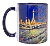 DESSAPT Arts - Paris le Pont Alexandre III et la Tour Eiffel le Soir - Mug Céramique 11 oz / 325 ml - Blanc et Bleu Cobalt