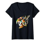 Womens Eagle Skull Huichol Sugar Skull Calavera Halloween Mexican V-Neck T-Shirt