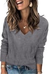 Cuptacc Chemisier Femme Chic et élégant Sweat Shirt Col en V Pull Léger Manche Longue Gris,Klein S 36