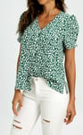 Short Sleeve Buttoned Blouse Top In Green & White Flora  Print