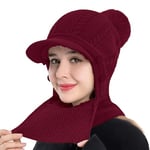 Rayson Bonnet Femme Hiver Doublé Polaire avec Pompon Tricoté Chapeau Chaud et Chic Bonnet Cagoule Femme Cache Cou Protege Oreilles 3 in 1(Bourgogne, Taille Unique)