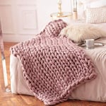 Large Chunky Knit Blanket Throw, Hand Made Cable Knitted with Heavy Thick Vegan Yarn, Big Bulky,Home Decor for Couch,Blushpink,80 * 80CM