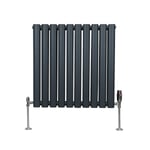 Radiateur à Colonne Ovale 600 x 600mm & Robinet Thermostatique Chromé, Chauffage Moderne Horizontal en Acier au Carbone Gris Anthracite Mat, Cuisine Salle de Bain [Brosse, Attaches & Supports INCLUS]