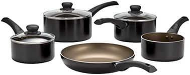 Judge Radiant JEMC2B Teflon Non-Stick Saucepan Set 16cm Milk Pan, 24cm Frying Pan and 16cm, 18cm & 20cm Pans, Glass Lids with Vent, Induction Ready, Oven Safe