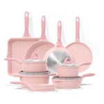 JEETEE 23pcs Set de casseroles et poêles anti-adhésives Cuisine Saine Set de Cuisson à Induction Poêle, Mijoteuse, Poêle à Frire et Poêle à Crêpes en Granit, Pink