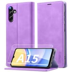 Lanhiem Coque Samsung A15 4G/5G avec Verre Trempé, Etui en Cuir PU Premium, RFID Protection Portefeuille Housse pour Samsung Galaxy A15 5G/4G Étui, Violet