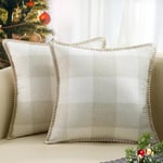 decorUhome Buffalo Check Plaid Cushion Covers Linen Farmhouse Trimmed Edge Decorative Cushion Covers for Sofa 60x60cm, Cream White and Beige, Set of 2