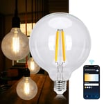 Aigostar Ampoule Connectee Alexa Vintage à Filament. E27 G125 6W Smart Bulb, 850LM, Blanc chaud Dimmable 2700K -6500K. Compatible Alexa et Google Home. Aucun HUB requis, WiFi 2,4 GHz, 1 Unité