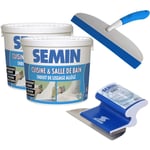 Lot de 2 enduits de lissage cuisine et salle de bain Semin seau de 1 kg, une lame ce 78 pour enduire et lisser - 15 cm et une raclette à lisser - 30