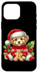 Coque pour iPhone 16 Pro Max Chiot mignon en bonnet de noel avec biscuit au pain d'épice