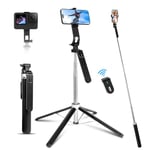 Perche a Selfie 180cm, Romon Selfie Stick Quad Tripod, Rotation à 360°, trépied Extensible en Aluminium pour téléphone Portable avec BT, Compatible avec iPhone Android Phone, Camera