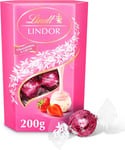 Lindt Lindor Strawberries & Cream Chocolate Truffles Box - Approx 16 balls, 200g