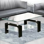 Table basse rectangulaire en verre transparent moderne avec étagère inférieure chromée et support en MDF pour salon, salle de réception, noir