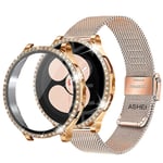 För Samsung Galaxy Klocka 4 5 6 Band Fall 40Mm 44Mm Mesh Loop Rostfritt Stål Rem Bling Fall Härdat Glas Skärmskydd rose gold set galaxy watch 5 44mm