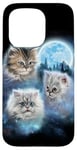 Coque pour iPhone 15 Pro Trois chats mignons engloutis dans les nuages de galaxie sous la lune glacée