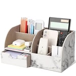 GORESE Organisateur de Bureau, Rangement de Bureau en Cuir Pot à Crayons Porte-Stylo Peu Encombrant, 3 Compartiments de Stylos, Agrafeuses, Dossiers, Notes Autocollantes, Téléphones(Marbre Blanc)