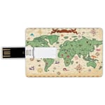 32G USB Flash Drives Credit Card Shape Wanderlust Decor Memory Stick Bank Card Style Retro Syle Map of the World with Trees Volcanos and Mountains Ancient Boho Artprint,Cream Green Waterproof Pen Thum